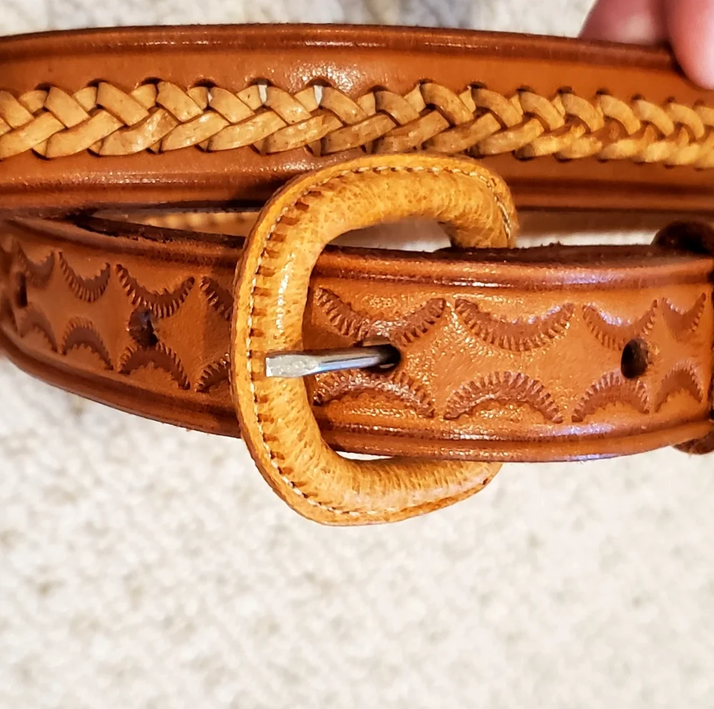 Vintage Aztec Handtooled, Laced Woven Leather Belt, Saddle Br, Med. Never Worn!